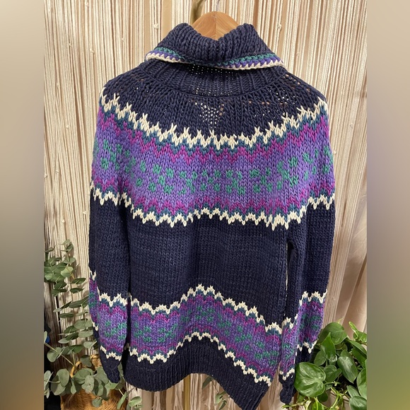 vintage hand-knit chunky wool cardigan sweater Fair Isle pattern blue teal - Picture 13 of 15